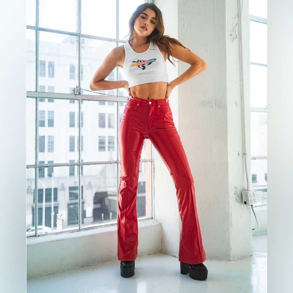 Red leather pants- high waisted bootcut, star on butt